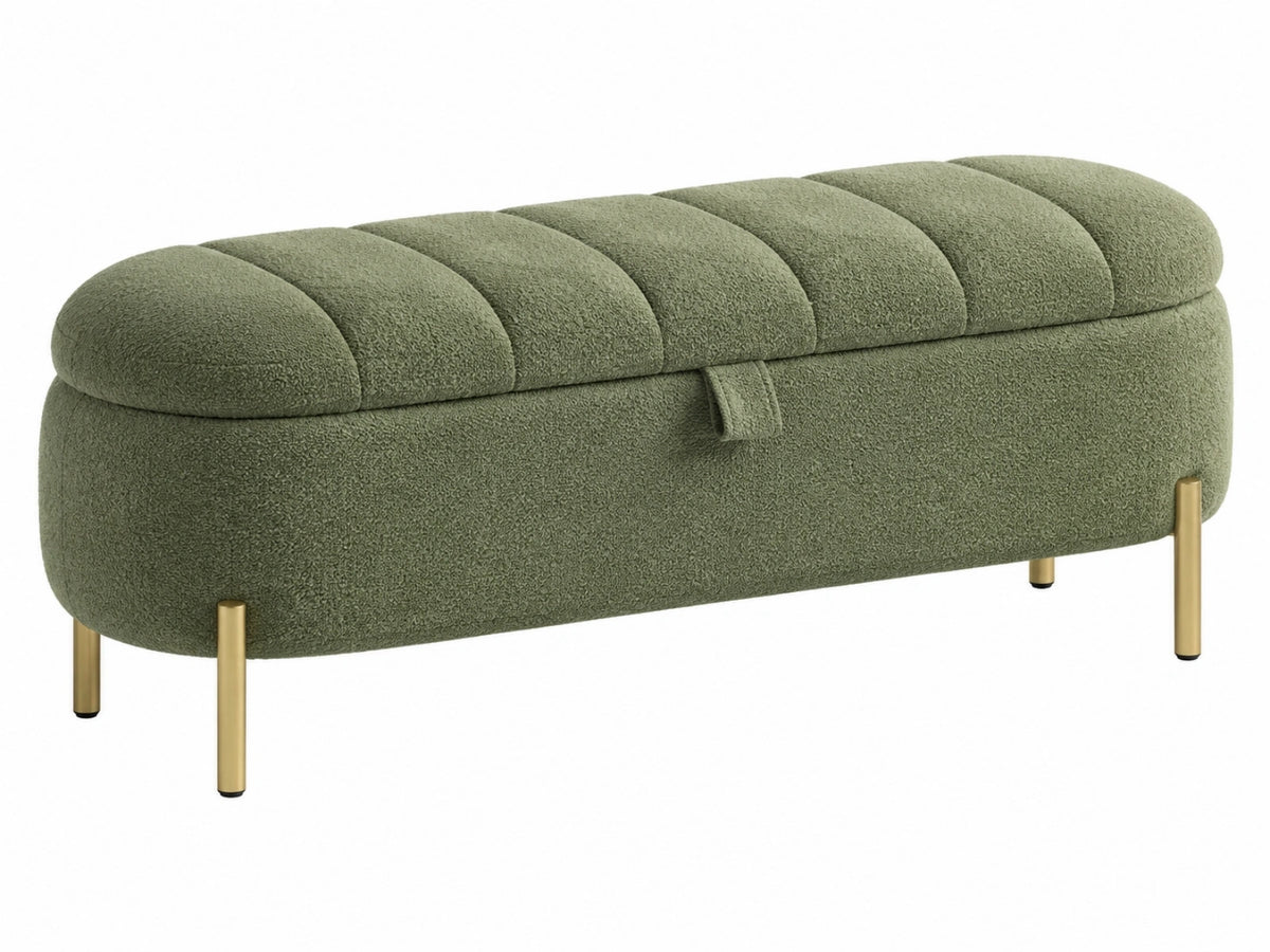 Sitzbank mit Stauraum 120 x 45 x 48 cm Boucléstoff Olivgrün mit Metallfüßen Modern
