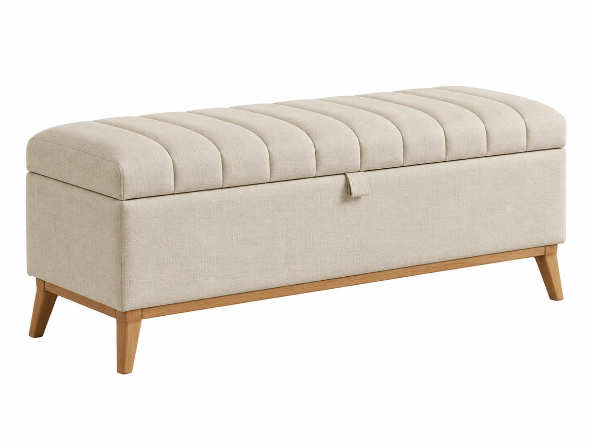 Sitzbank 120 x 45 x 50 cm Beige Stoff mit Stauraum und Holzbeinen