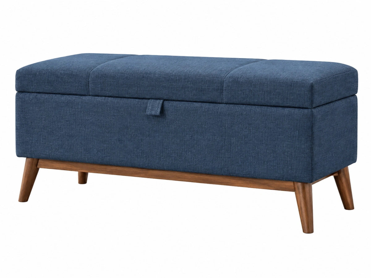 Sitzbank mit Stauraum 120 x 45 x 45 cm Textil Blau Holzfüße Retro Stil