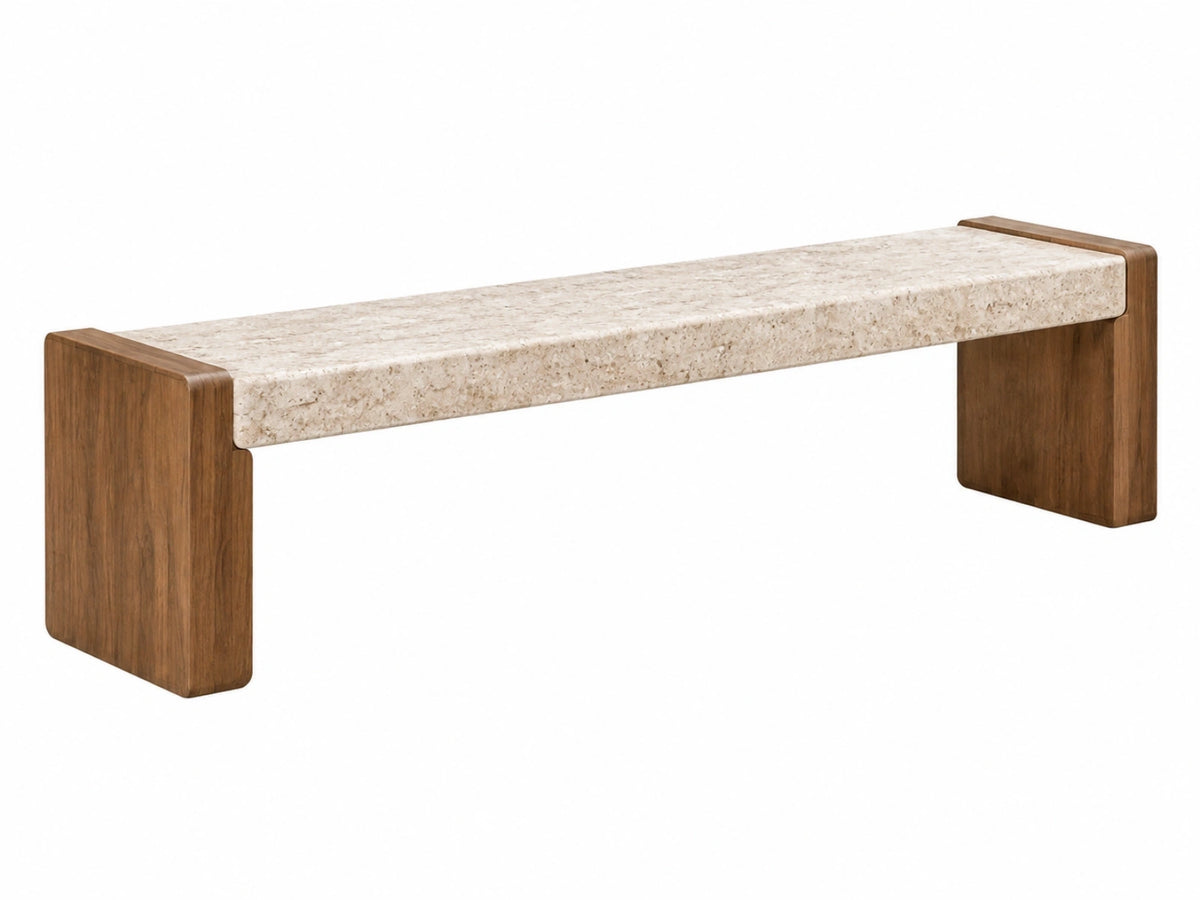 Sitzbank 140 x 40 x 45 cm aus Holz und Stein in Braun Beige - moderne Flurbank
