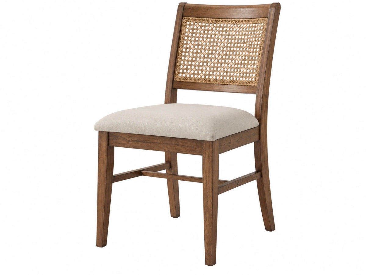 Esszimmerstuhl 47 x 55 x 90 cm aus Holz in Braun mit Rattan Rückenlehne und Stoffpolsterung