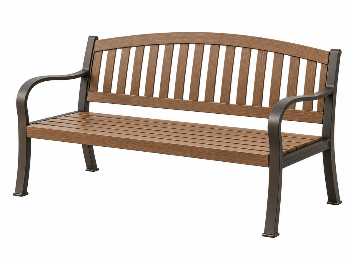 Gartenbank 122 x 62 x 88 cm Holzoptik Braun Metallgestell mit Armlehnen