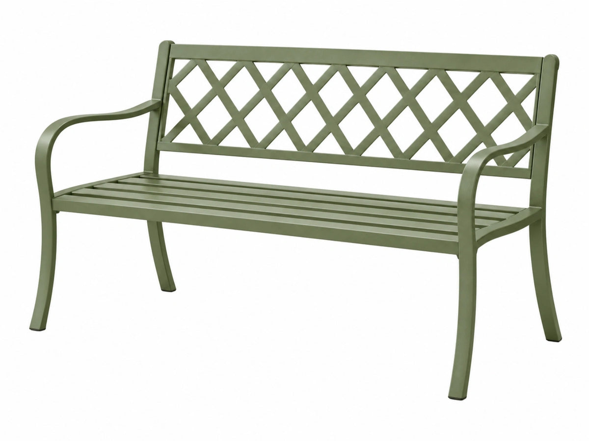 Gartenbank 120 x 60 x 88 cm aus Metall in Olivgrün - Sitzbank mit Gitterrückenlehne für Außenbereich